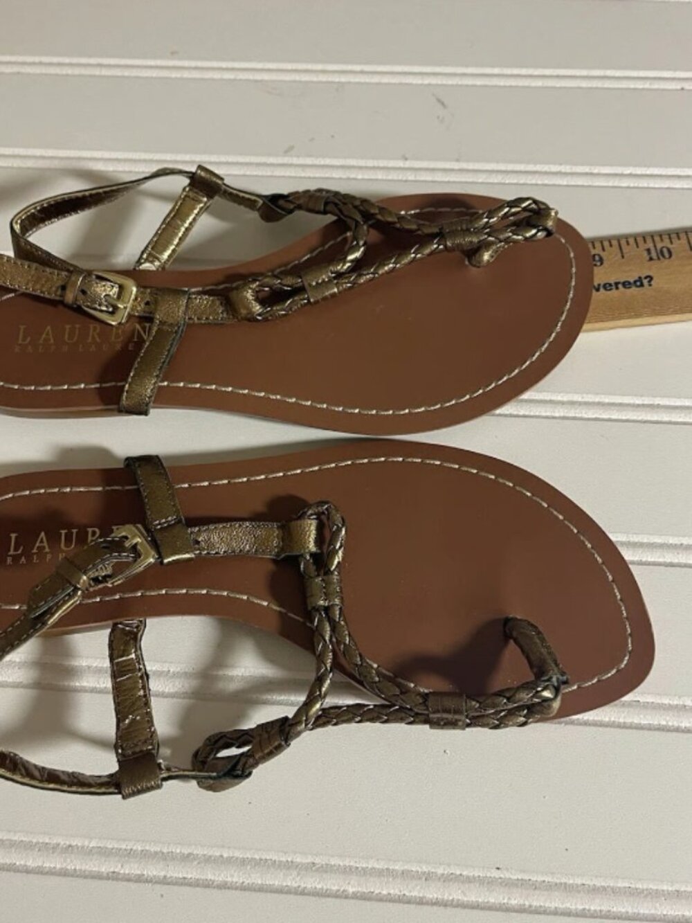 Lauren Ralph Lauren Leather Braided Slingback Thong Sandals Women's 5.5B Gold - Picture 11 of 12